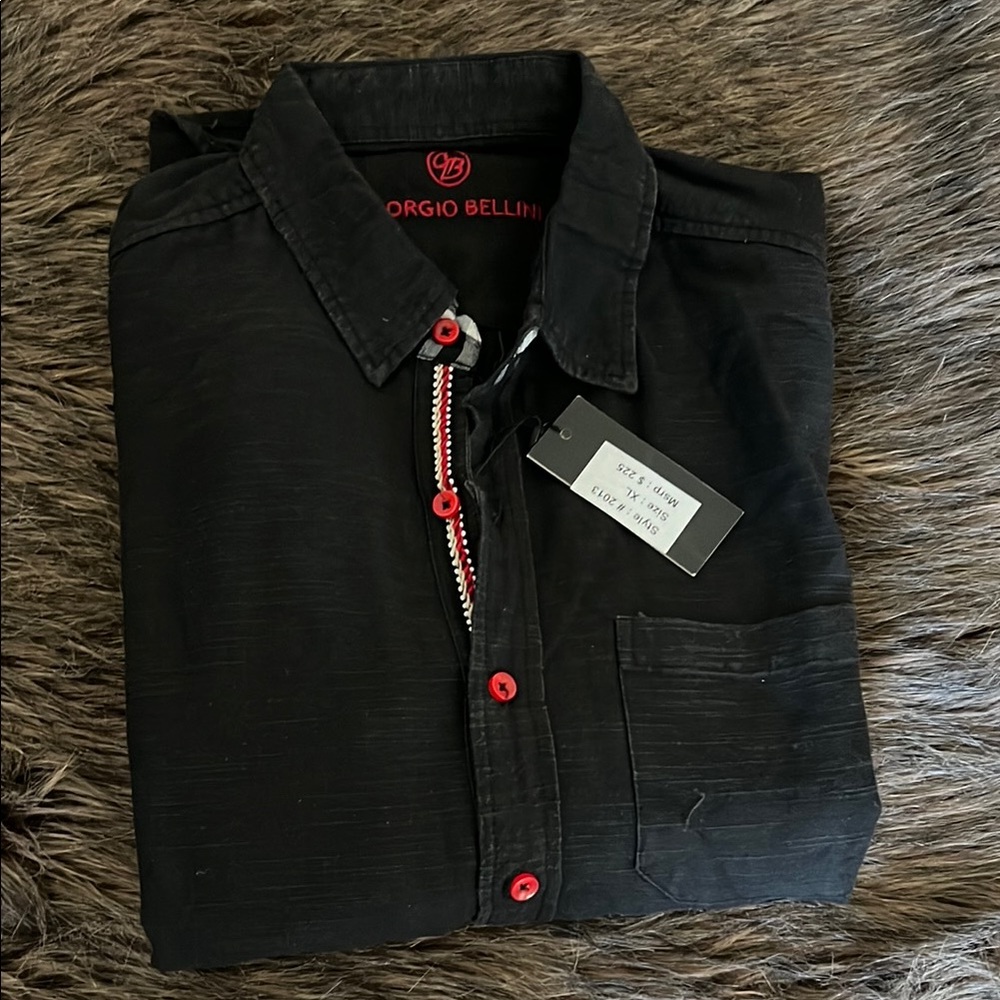 Men’s shirt black with red buttons black/red plaid accents 65% linen/35% cotton